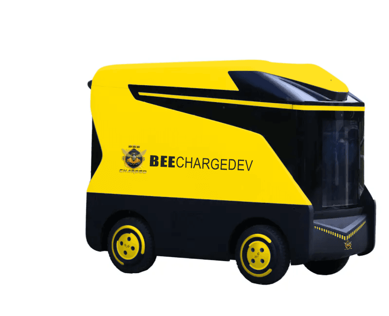 Portable EV charging station with the BEE CHARGED EV MOBILE CHARGING brand, showcasing innovative design and advanced technology. A sleek, futuristic charging pod with a glossy finish, subtly illuminated by soft, ambient lighting. The device stands on a sturdy base, with integrated wheels for easy mobility, ready to provide a reliable power boost to electric vehicles on the go. In the background, a blurred cityscape with skyscrapers and electric vehicles, hinting at the real-world application of this cutting-edge portable charging solution.
