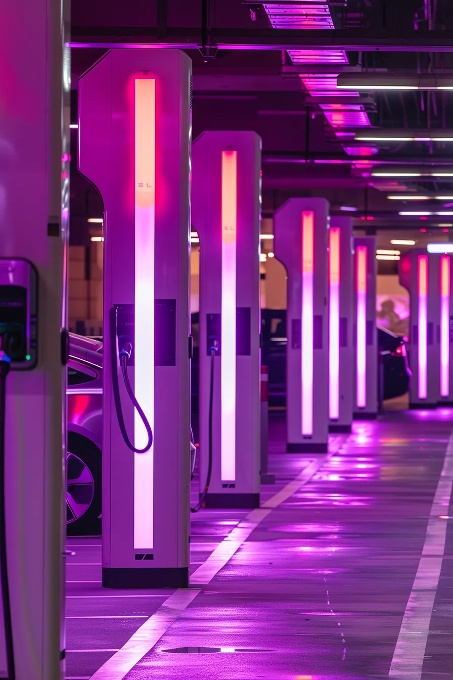 a sleek, modern urban charging station showcases a row of electric vehicles charging efficiently under vibrant led lights, emphasizing the future of eco-friendly transportation and mobile fleet solutions.