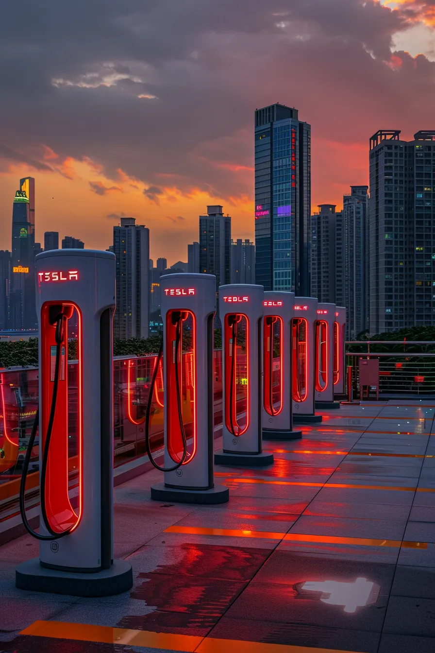 a sleek, modern urban charging station for electric vehicles, featuring multiple charging docks illuminated by vibrant led lights, set against a backdrop of a bustling city skyline at dusk.