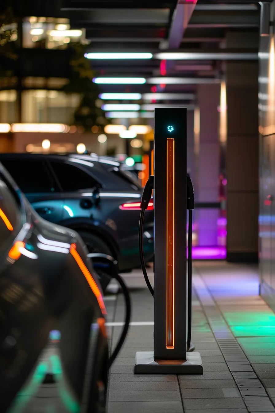 a sleek urban charging station, illuminated by vibrant led displays, showcases an array of electric vehicles being charged, emphasizing the future of sustainable transportation and the growing ev membership community.