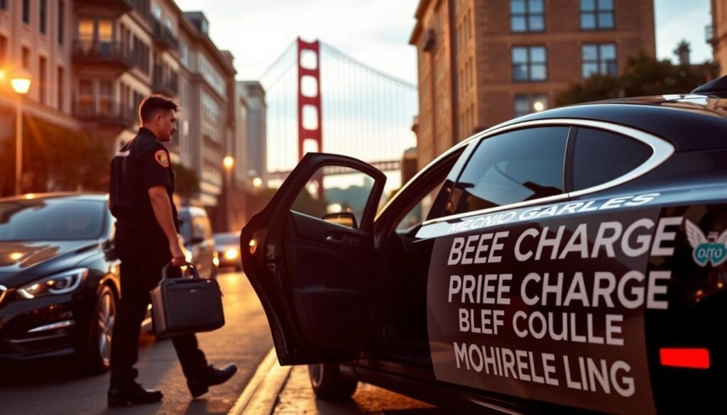 A San Francisco urban street at dusk, with a sleek black sedan prominently featured in the foreground. The car's driver-side door is open, and a uniformed technician, carrying a toolbox, approaches to provide emergency lockout assistance. The scene is bathed in warm, golden light, creating a sense of urgency and professionalism. In the background, the iconic Golden Gate Bridge can be seen, hinting at the city's vibrant atmosphere. Prominently displayed on the side of the vehicle is the brand name "BEE CHARGED EV MOBILE CHARGING", highlighting the service's ability to cater to a wide range of vehicle types.