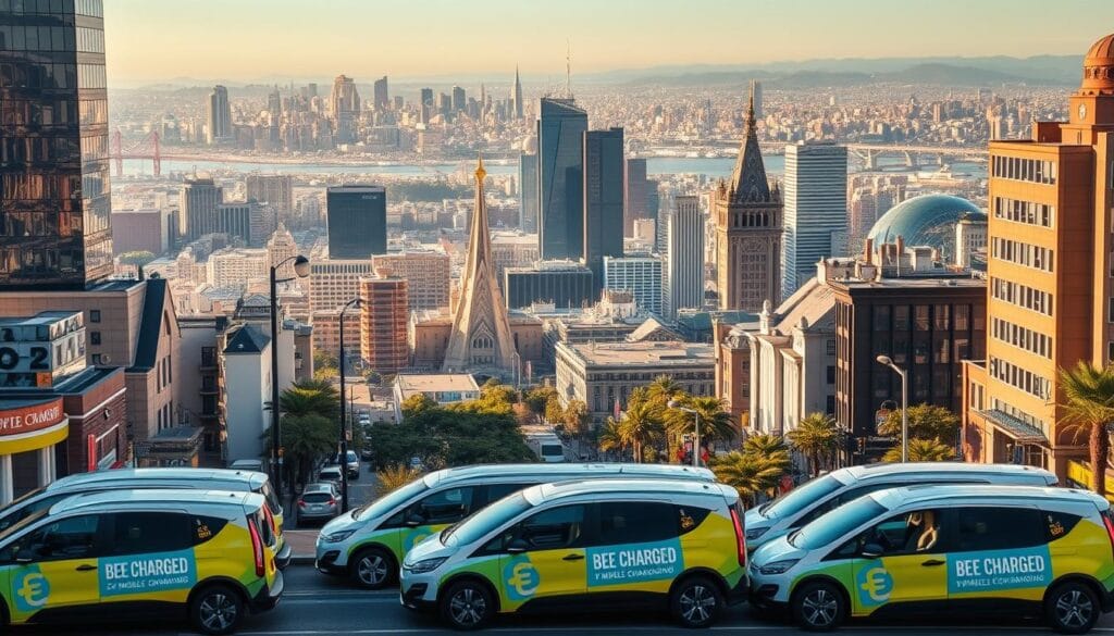 A bustling cityscape in San Jose and San Francisco, where the future of electric vehicle charging is on full display. In the foreground, a fleet of sleek, modern "BEE CHARGED EV MOBILE CHARGING" vehicles, their vibrant branding standing out against the urban landscape. These mobile charging units are strategically positioned, ready to serve the growing demand for on-the-go battery replenishment. The middle ground showcases the iconic landmarks of both cities, their architectural wonders bathed in a warm, golden light. In the background, a sprawling panorama of skyscrapers and bustling streets, reflecting the dynamic and progressive nature of these tech-savvy hubs. The scene exudes a sense of innovation and seamless integration, where the convenience of mobile charging solutions seamlessly coexists with the urban fabric.