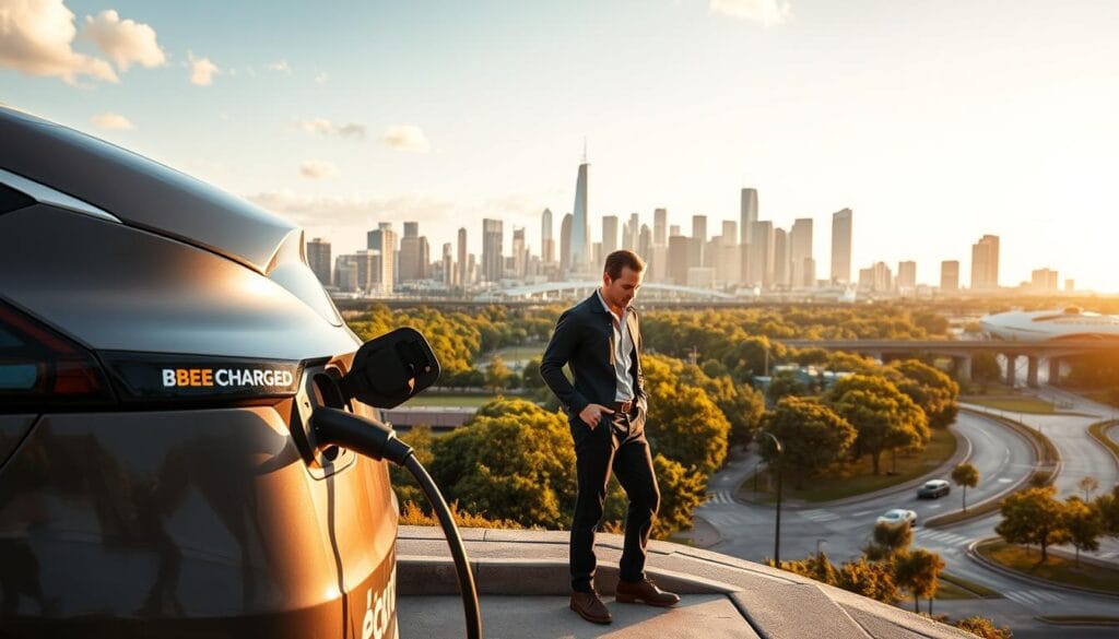 A bustling urban landscape in Houston, TX, bathed in warm afternoon sunlight. In the foreground, a sleek, modern electric vehicle emblazoned with the "BEE CHARGED EV MOBILE CHARGING" logo, its charging port connected to a state-of-the-art mobile charging station. The vehicle's driver, a professional individual, stands nearby, appreciating the convenience and flexibility of on-demand EV charging. In the middle ground, the cityscape of Houston's skyline rises, iconic buildings and infrastructure reflecting the city's commitment to sustainable transportation. The background is filled with lush greenery, parks, and well-maintained roads, creating a harmonious blend of urban and natural elements. The overall scene conveys the seamless integration of EV charging solutions into the daily lives of Houston residents, promoting the benefits of clean, efficient, and on-demand mobility.