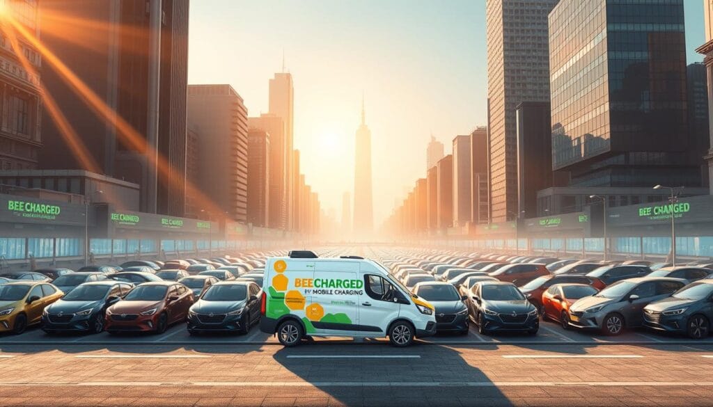 A bustling urban landscape, where rows of sleek electric vehicles await the mobile charging solution. In the foreground, the "BEE CHARGED EV MOBILE CHARGING" van stands ready, its futuristic design and vibrant branding drawing the eye. Beams of warm, golden light illuminate the scene, creating a sense of energy and progress. The middle ground features a diverse fleet of electric cars, each unique in style but united in their need for efficient charging. In the background, the silhouettes of skyscrapers and the hazy glow of the city skyline set the stage for this innovative charging solution. The overall atmosphere conveys a vision of a sustainable, emission-free future, where mobility and technology converge to power the roads.