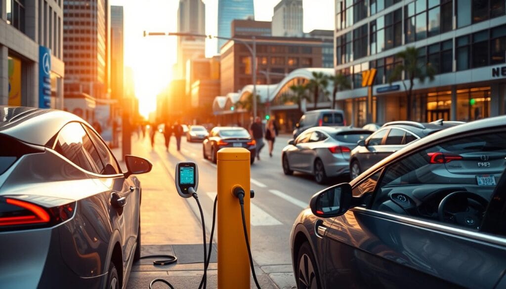 A bustling urban scene in Dallas, with the "BEE CHARGED EV MOBILE CHARGING" service prominently featured. In the foreground, a sleek electric vehicle is connected to a compact, brightly-colored mobile charging station, its LED display and intuitive interface capturing the attention. In the middle ground, pedestrians and other EVs navigating the city streets, creating a lively atmosphere. The background showcases the iconic skyline of Dallas, bathed in warm, golden light that casts a vibrant glow over the entire scene. The overall mood is one of convenience, accessibility, and the seamless integration of mobile EV charging into the urban landscape.