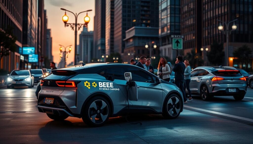 A bustling urban street at dusk, the warm glow of streetlights casting a soft light on the pavement. In the foreground, a sleek, futuristic electric vehicle emblazoned with the "BEE CHARGED EV MOBILE CHARGING" logo, its charging port extended, ready to provide on-demand power to nearby EVs. The middle ground features a group of people gathered around the mobile charging station, their faces lit with excitement as they watch the process unfold. In the background, the silhouettes of high-rise buildings and the faint outlines of other vehicles create a sense of a vibrant, EV-friendly city. The overall scene conveys a sense of innovation, convenience, and the growing adoption of sustainable transportation solutions.