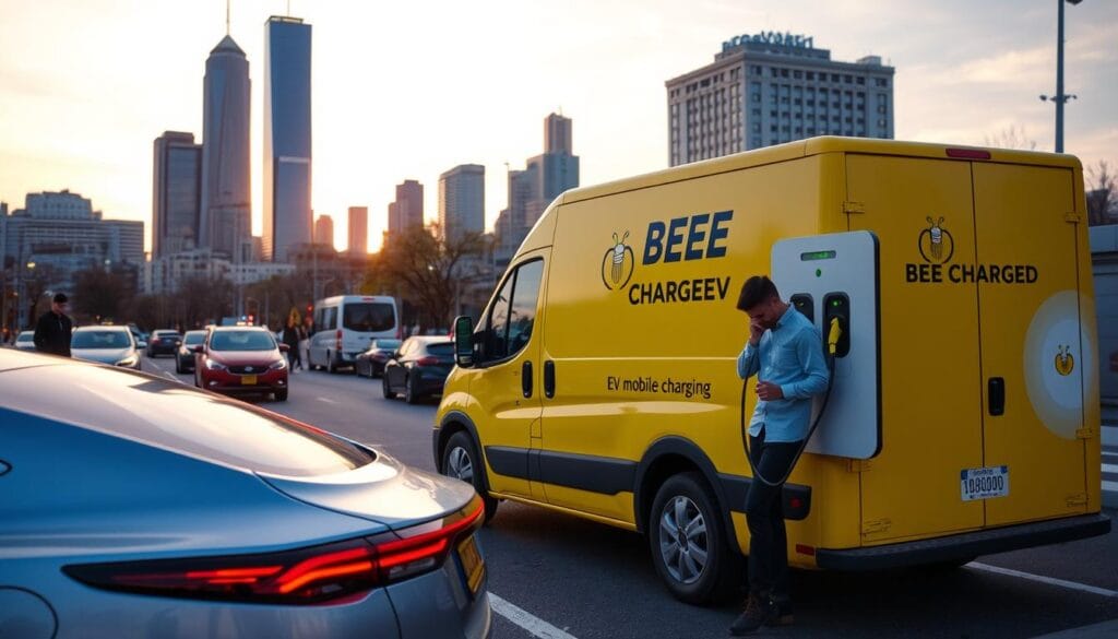 A city skyline at dusk, with the sun casting a warm glow over the scene. In the foreground, a sleek, electric vehicle is parked, its battery indicator low. Beside it, the "BEE CHARGED EV MOBILE CHARGING" van, its bright yellow exterior and friendly logo standing out. The van's operator is assisting the driver, connecting a high-speed charging cable to the vehicle, ensuring a swift and reliable recharge. In the background, a busy street with other EVs and pedestrians, showcasing the everyday need for accessible and dependable charging solutions. The image conveys a sense of urban efficiency, sustainability, and the importance of proactive strategies to prevent EV charging emergencies.