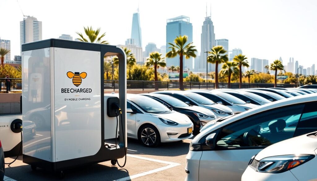 A fleet of electric vehicles parked in a sunny outdoor lot, with the "BEE CHARGED EV MOBILE CHARGING" logo prominently displayed on the side of a sleek, modern charging station. The foreground features the charging station and several EVs connected to it, their batteries charging. In the middle ground, additional EVs are parked, waiting their turn to plug in. The background showcases a vibrant, urban landscape with skyscrapers and palm trees, conveying a sense of a thriving metropolitan area embracing the benefits of on-demand EV charging services. The lighting is warm and natural, creating a welcoming and inviting atmosphere that captures the convenience and accessibility of this innovative mobile charging solution.