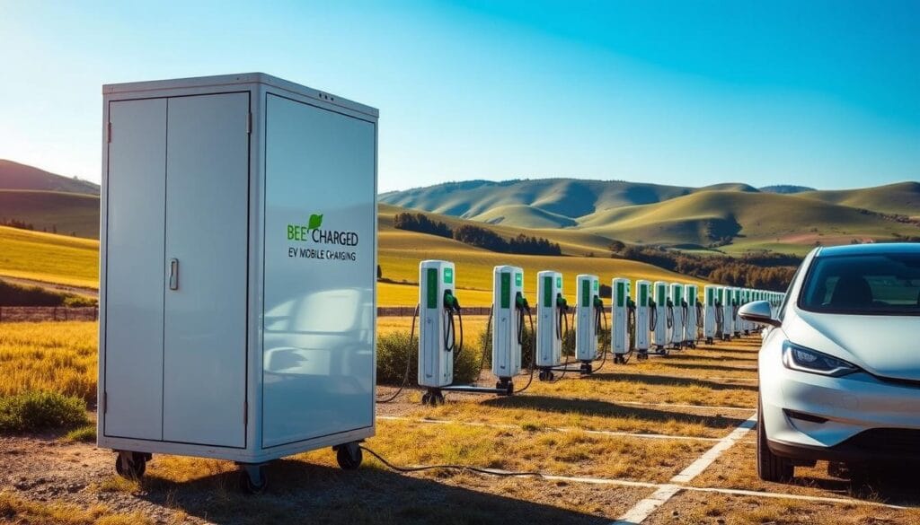 A fleet of mobile electric vehicle charging stations parked in a sunny, open field. In the foreground, the "BEE CHARGED EV MOBILE CHARGING" brand name is prominently displayed on the side of a sleek, modern charging unit. The middle ground features several more charging stations, their cables plugged into waiting EVs, creating a sense of efficient, on-the-go charging. In the background, a lush green landscape with rolling hills and a bright blue sky create a serene, eco-friendly atmosphere. The lighting is natural and warm, casting a soft glow over the scene. The overall composition conveys the convenience and benefits of mobile EV charging services.