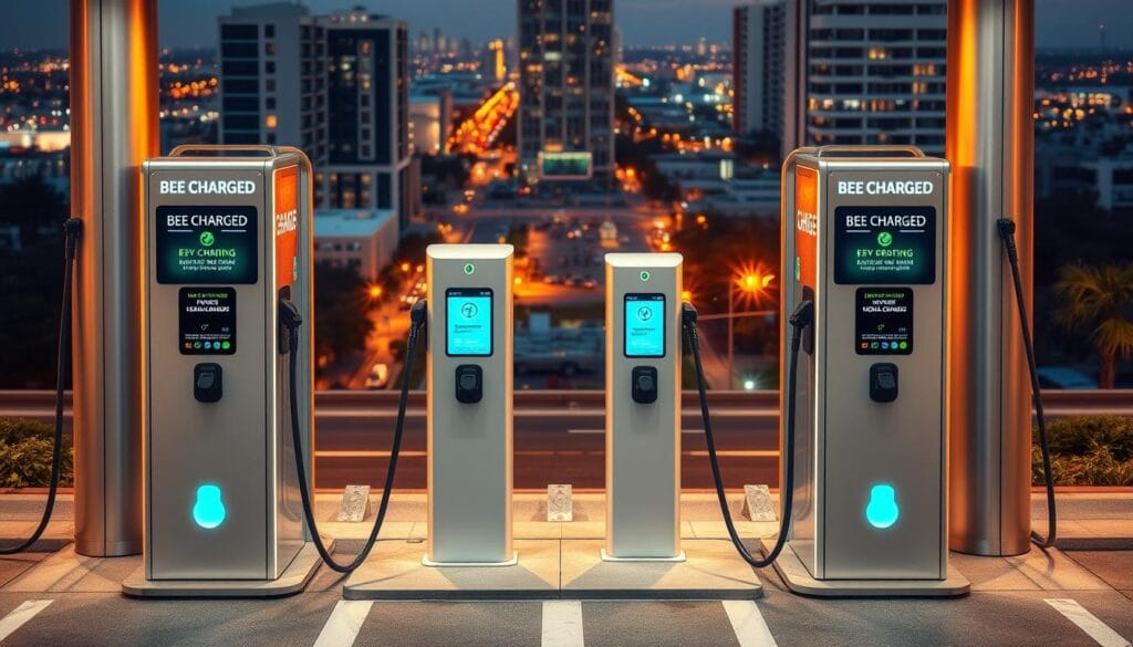 A high-tech, modern electric vehicle charging station in the heart of Broward County, Florida. Sleek, silver "BEE CHARGED EV MOBILE CHARGING" kiosks stand tall, their LED screens beckoning drivers to power up their eco-friendly rides. The scene is bathed in warm, golden lighting, creating a welcoming and futuristic atmosphere. In the background, a bustling urban landscape frames the charging station, reflecting the area's thriving EV infrastructure. The camera angle is slightly elevated, providing an expansive view of the efficient, state-of-the-art mobile charging solution servicing the community.