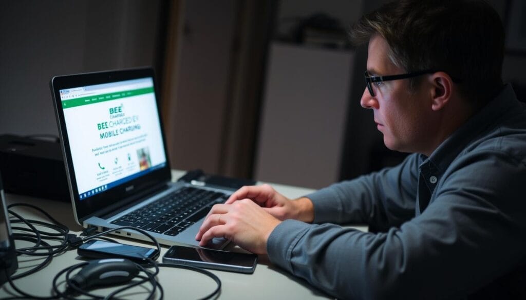 A person sitting at a desk, intently focused on a laptop screen. The desktop is cluttered with charging cables, a phone, and a tablet, suggesting they are accessing online resources for EV assistance. The room is dimly lit, creating a sense of urgency and concentration. The person's expression is one of determination, as they navigate the "BEE CHARGED EV MOBILE CHARGING" website, seeking roadside help for their electric vehicle. The background is blurred, drawing the viewer's attention to the foreground action.