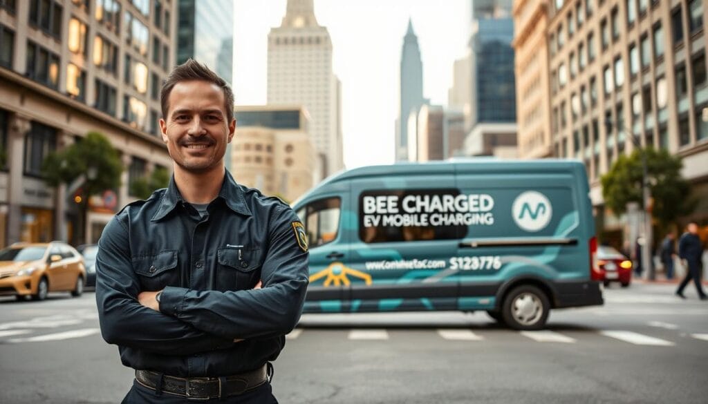 A professional, trustworthy mobile locksmith stands in the foreground, wearing a crisp uniform and a warm, reassuring expression. In the middle ground, the "BEE CHARGED EV MOBILE CHARGING" van is prominently displayed, its sleek design and eye-catching branding commanding attention. The background is a bustling urban street in San Francisco, with towering skyscrapers and a vibrant atmosphere that conveys a sense of security and reliability. The lighting is soft and natural, casting a welcoming glow over the scene. The overall composition and attention to detail create an image that instantly instills confidence in the viewer, perfectly capturing the essence of a trusted mobile car lockout service.