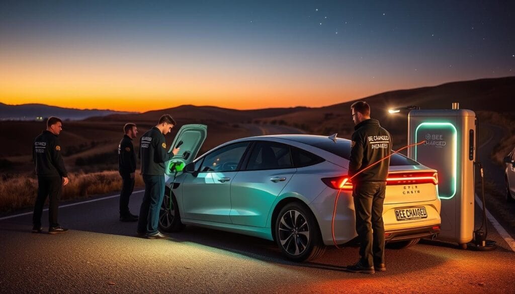 A roadside scene at dusk, with a sleek electric vehicle surrounded by a team of technicians from the "BEE CHARGED EV MOBILE CHARGING" service. The vehicle's charging port is open, and the technicians are intently working to connect it to a portable charging unit. The lighting is warm and inviting, casting a soft glow on the scene. The background features a winding country road, with rolling hills and a starry sky in the distance. The overall atmosphere conveys a sense of urgency and professionalism, with the "BEE CHARGED EV MOBILE CHARGING" team ready to provide reliable roadside assistance to stranded EV drivers.