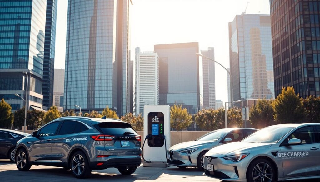 A sleek and modern electric vehicle charging station in the heart of Dallas, Texas. The BEE CHARGED EV MOBILE CHARGING unit stands prominently against a backdrop of towering skyscrapers, its bold branding and vibrant colors catching the eye. Sunlight casts a warm glow, highlighting the station's clean lines and intuitive interface. In the foreground, a diverse range of electric vehicles, from compact hatchbacks to luxury sedans, are seamlessly integrated into the scene, reflecting the city's commitment to sustainable transportation. The overall atmosphere conveys a sense of progress, accessibility, and the future of urban mobility.