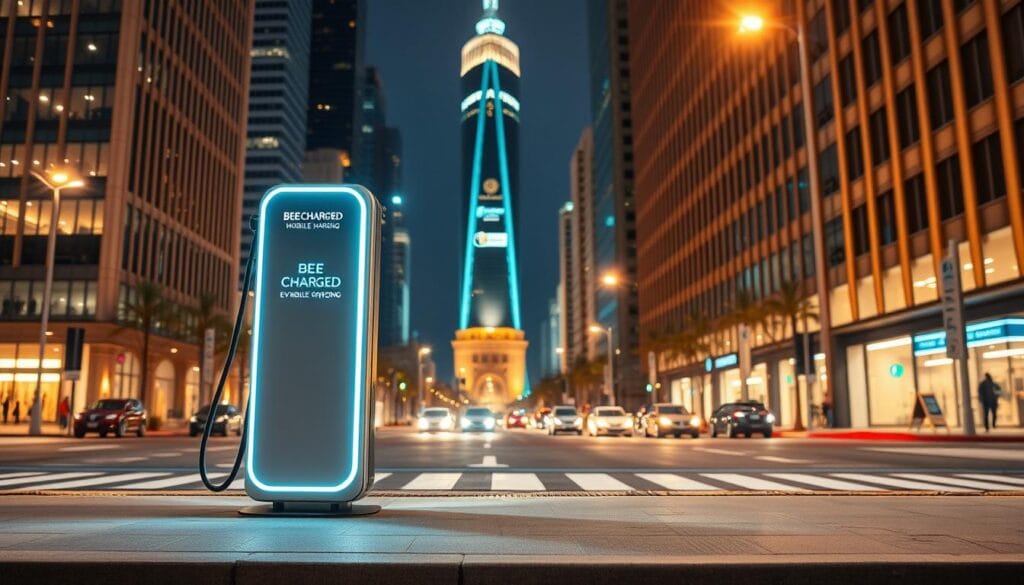 A sleek and modern mobile charging station stands prominently in the foreground, its clean lines and futuristic design catching the eye. The station's "BEE CHARGED EV MOBILE CHARGING" branding is clearly visible, conveying a sense of reliability and expertise. In the middle ground, a well-lit urban setting with towering buildings and bustling streets creates a dynamic backdrop, emphasizing the station's accessibility and integration into the city landscape. The lighting is warm and inviting, casting a soft glow on the scene and evoking a sense of comfort and safety. The overall composition is balanced and visually striking, drawing the viewer's attention to the mobile charging solution and its role in the larger context of the city. Prompt