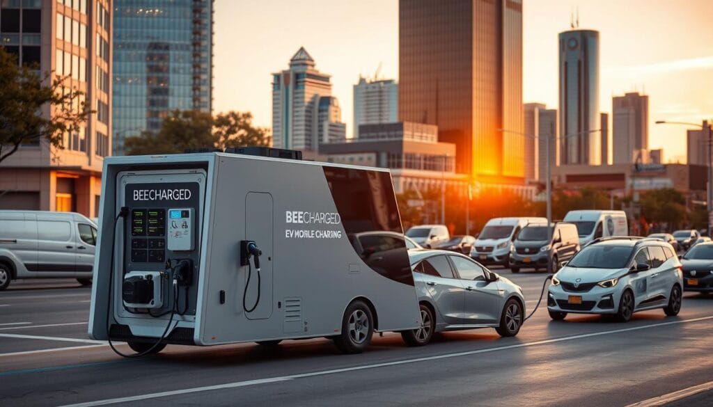 A sleek, futuristic mobile EV charging station with the prominent "BEE CHARGED EV MOBILE CHARGING" branding, parked on a bustling city street in Dallas, Texas. The station's modern, angular design features a large charging interface, battery banks, and an on-board generator, all bathed in a warm, sunset-inspired lighting. The foreground showcases the charging station's capabilities, while the middle ground captures a diverse fleet of electric vehicles, including sedans, SUVs, and delivery vans, all connected to the mobile charger. The background depicts the iconic Dallas skyline, hinting at the widespread adoption of electric mobility in the DFW metroplex. The scene conveys a sense of efficiency, convenience, and the city's commitment to sustainable transportation.