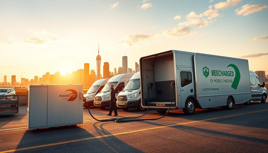 A sleek, futuristic mobile charging station for electric fleets stands prominently in the foreground, its bold "BEE CHARGED EV MOBILE CHARGING" branding catching the eye. In the middle ground, a team of technicians efficiently connecting charging cables to a diverse array of electric vehicles, including delivery vans and municipal trucks. The background showcases a bustling city skyline, hinting at the widespread adoption of electric mobility. The scene is bathed in a warm, golden light, conveying a sense of reliability and professionalism. Dramatic low-angle camera perspective emphasizes the scale and importance of this emergency charging service, ready to power the future of urban transportation.