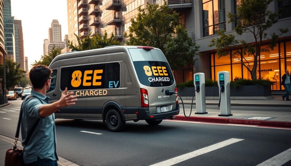 A sleek, metallic BEE CHARGED EV MOBILE CHARGING van pulls up on a city street, its bold branding visible. In the foreground, a person in casual attire gestures towards the van, inviting passersby to approach. The mid-ground reveals the van's retractable charging cable being extended, ready to provide on-demand power to an electric vehicle parked nearby. The background showcases a vibrant urban landscape, with modern architecture and lush greenery creating a dynamic, tech-forward atmosphere. Warm, diffused lighting illuminates the scene, conveying a sense of accessibility and convenience for the EV driver. The overall composition captures the seamless integration of mobile charging solutions into the fabric of the city, inspiring readers to explore this innovative service.