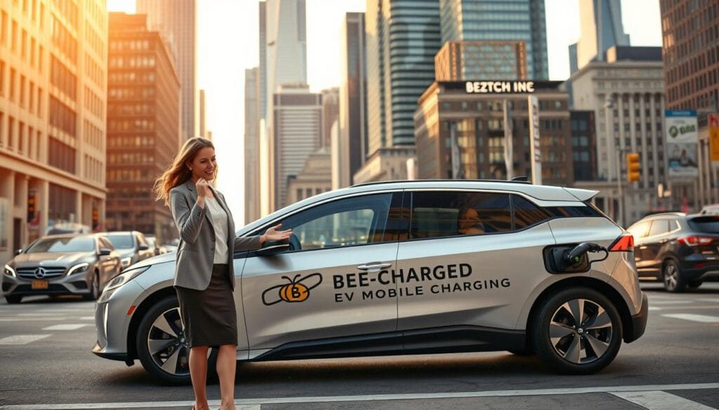 A sleek, modern electric vehicle emblazoned with the "BEE CHARGED EV MOBILE CHARGING" logo cruises through the bustling streets of New York City, its charging ports extended and ready to serve the growing electric vehicle population. In the foreground, a well-dressed woman gestures towards the vehicle, her expression one of enthusiasm and satisfaction. The cityscape of skyscrapers and iconic landmarks forms the backdrop, bathed in warm, golden light that creates a vibrant, dynamic atmosphere. The scene conveys a sense of convenience, innovation, and the city's commitment to sustainable transportation solutions.