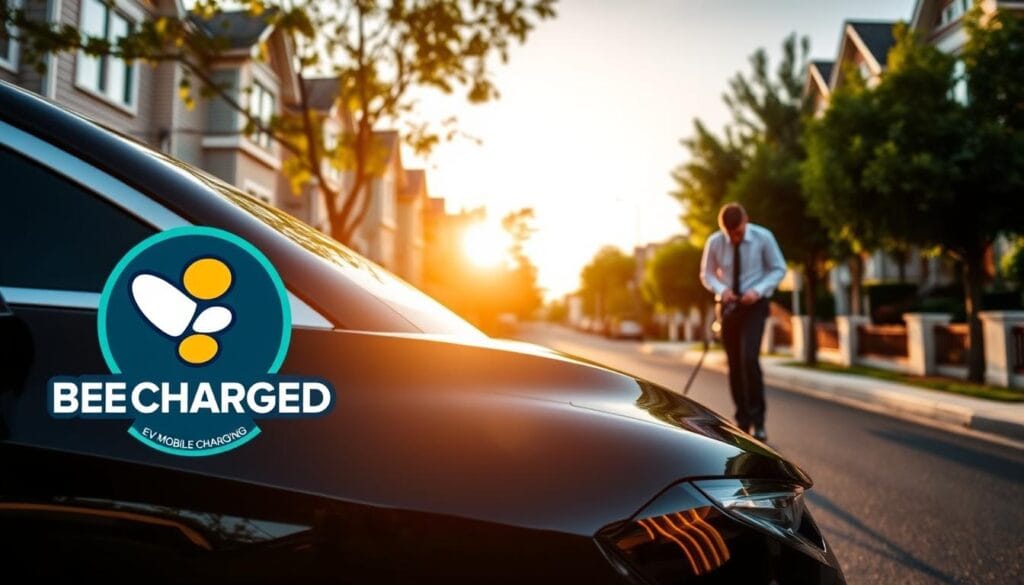 A sleek, modern electric vehicle parked on a residential street, its glossy black finish gleaming under the warm afternoon sun. In the foreground, the "BEE CHARGED EV MOBILE CHARGING" logo stands out prominently, its vibrant colors and bold design catching the eye. The middle ground reveals a technician in a crisp uniform, expertly connecting the charging cable to the car's port, highlighting the efficient and professional service. In the background, a row of charming townhouses and lush trees create a picturesque urban setting, conveying a sense of community and sustainability. The entire scene exudes a feeling of innovation, progress, and environmental consciousness, perfectly capturing the essence of "The Rise of Mountain View EV Mobile Charging."