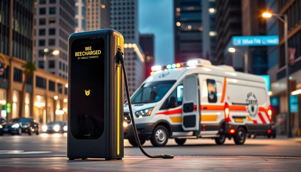 A sleek, modern mobile EV charger emblazoned with the "BEE CHARGED EV MOBILE CHARGING" brand name stands prominently in the foreground. Its streamlined design and vibrant yellow accents command attention. In the middle ground, the charger is surrounded by a well-equipped service van, its emergency lights flashing to signal its readiness to assist. The background depicts a bustling urban street, with skyscrapers and streetlights creating a dynamic, energetic atmosphere. Warm, natural lighting bathes the scene, evoking a sense of reliability and professionalism. This image captures the essence of a dependable, on-the-go EV charging solution that can address the needs of Tampa's drivers.