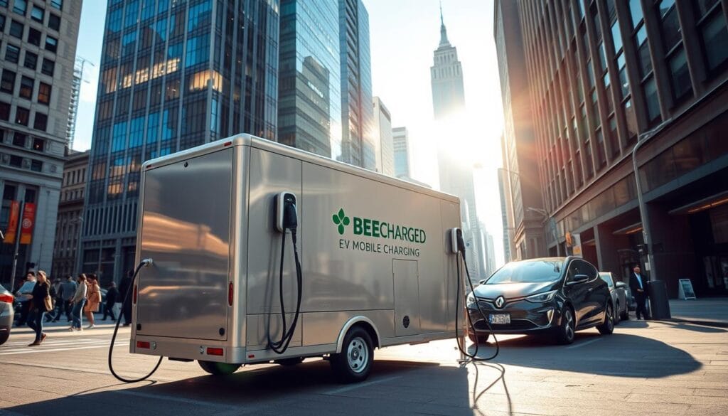 A sleek, modern mobile EV charging station emblazoned with the "BEE CHARGED EV MOBILE CHARGING" brand prominently displayed. The unit is parked on a bustling city street, surrounded by high-rise buildings and pedestrians. Sunlight filters through the towering skyscrapers, casting a warm glow on the metallic surfaces of the charging station. Cables extend from the unit, connected to several electric vehicles parked nearby, their owners eagerly awaiting a full charge. The scene conveys a sense of progress and innovation, with the mobile charger serving as a practical solution to the growing demand for EV infrastructure in urban areas.