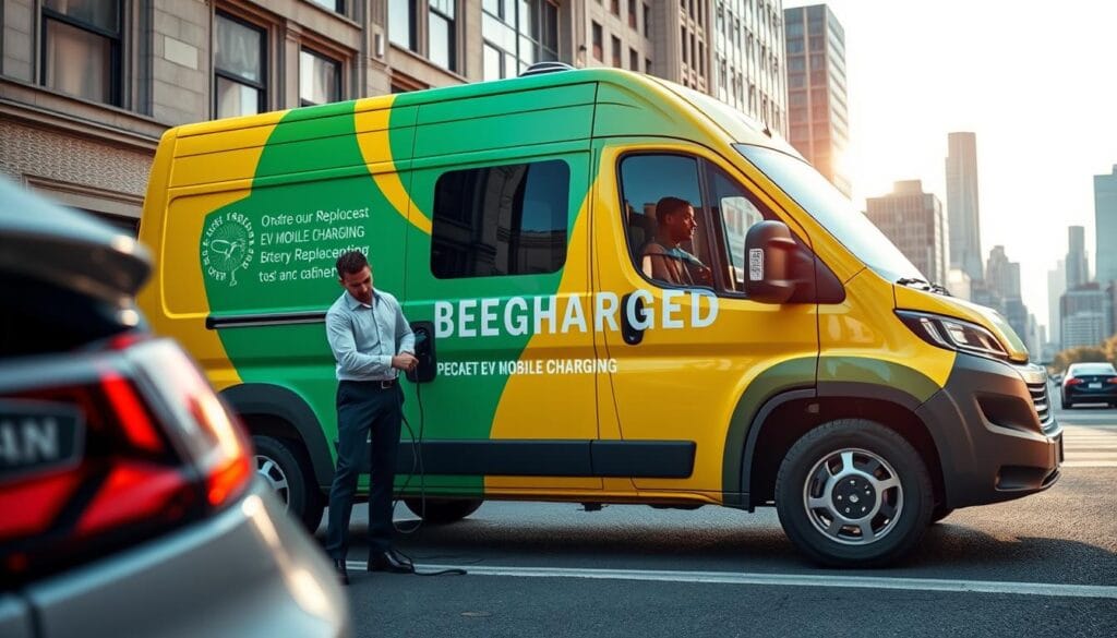 A sleek, modern mobile EV service vehicle, the "BEE CHARGED EV MOBILE CHARGING" van, is parked on a sunny urban street. The van's vibrant green and yellow color scheme immediately grabs attention. In the foreground, a technician in a crisp uniform is carefully connecting charging cables to an electric vehicle, demonstrating the efficient, on-the-go battery replacement service. The middle ground features the van's prominent branding and prominent signage, highlighting the company's reliable and convenient EV support. In the background, a bustling city skyline sets the scene, conveying the mobile service's accessibility in a metropolitan environment. Warm, diffused lighting creates a professional, trustworthy atmosphere, inviting customers to rely on the "BEE CHARGED EV MOBILE CHARGING" team for their electric vehicle needs.