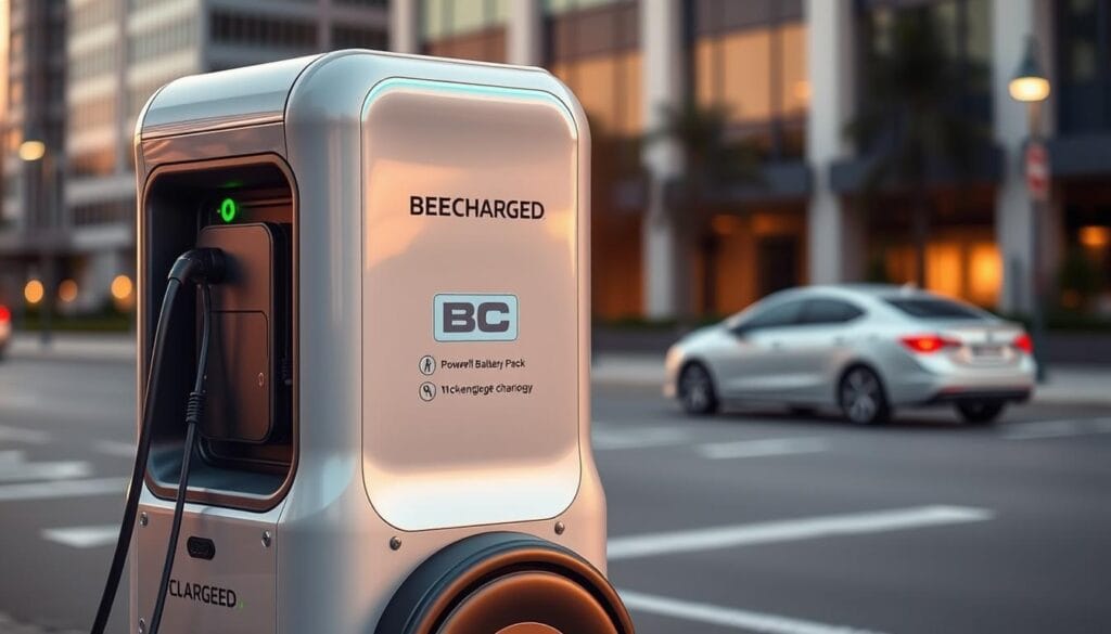 A sleek, modern mobile charging station from the "BEE CHARGED EV MOBILE CHARGING" brand, its streamlined design gleaming under soft, warm lighting. The unit's powerful battery pack and cutting-edge charging technology are prominently displayed, hinting at its robust capabilities. In the background, a blurred urban landscape suggests the station's versatility for on-the-go charging. The overall impression conveys a sense of reliable, high-tech mobility, perfectly suited to power the future of electric vehicles.
