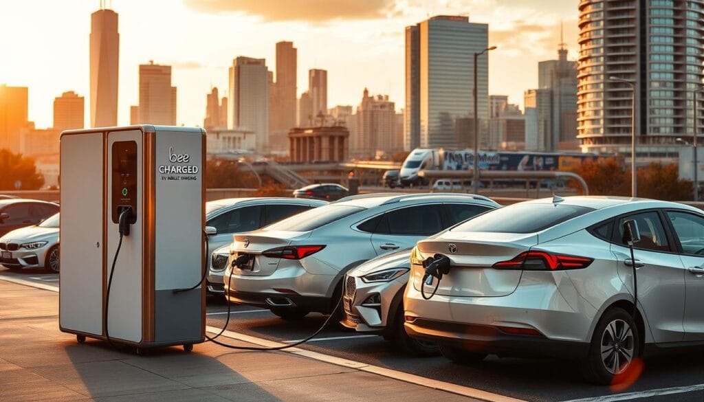 A sleek, modern mobile charging station stands prominently in the foreground, the "BEE CHARGED EV MOBILE CHARGING" branding displayed prominently. In the middle ground, electric vehicles of various makes and models are plugged in, their owners waiting patiently as the vehicles recharge. The background features a bustling urban landscape, with skyscrapers and city infrastructure creating a dynamic and energetic atmosphere. The scene is bathed in warm, golden lighting, creating a sense of security and reliability. The overall composition conveys a sense of efficiency, convenience, and environmental responsibility, perfectly capturing the essence of "DC Emergency EV Charging Services."