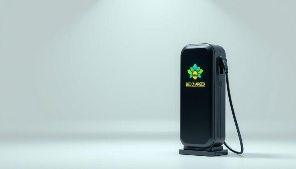 A sleek, portable EV charger stands proudly in a well-lit, modern setting. The "BEE CHARGED EV MOBILE CHARGING" logo is prominently displayed, catching the eye with its vibrant hues. The charger's streamlined design and compact form factor suggest ease of use and portability, perfect for on-the-go charging needs. Soft, directional lighting illuminates the charger's smooth surfaces, creating a sense of sophistication and environmental awareness. The background features a clean, minimalist backdrop, allowing the charger to take center stage and showcase its eco-friendly capabilities. This image perfectly captures the essence of the "Eco-Friendly Practices in Mobile Charging" section, highlighting the convenience and sustainability of the BEE CHARGED EV MOBILE CHARGING service.