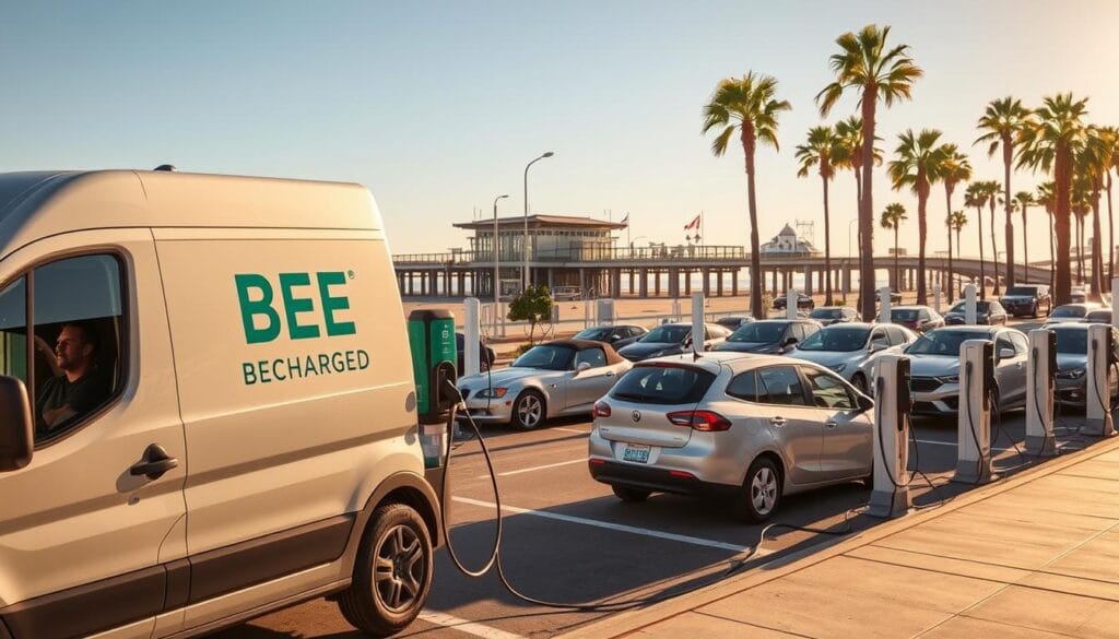 A vibrant scene of Newport Beach's EV charging landscape. In the foreground, a sleek "BEE CHARGED EV MOBILE CHARGING" van is parked, its electric charging cables extended to power nearby electric vehicles. The mid-ground features a mix of modern curbside charging stations and electric cars, their bodies reflecting the coastal sunshine. In the background, the iconic Newport Beach pier and palm trees sway gently, creating a serene, seaside ambiance. The lighting is warm and natural, casting a golden glow over the scene. The angle is slightly elevated, providing a comprehensive view of this thriving EV ecosystem. An inviting, progressive atmosphere that showcases Newport Beach's commitment to sustainable transportation.