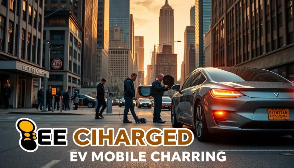 A vibrant urban scene unfolds, with a sleek electric vehicle parked on the bustling New York City street. In the foreground, the "BEE CHARGED EV MOBILE CHARGING" logo commands attention, its bold graphics and warm lighting inviting passersby to experience the convenience of roadside EV charging services. The mid-ground features a crew of skilled technicians expertly tending to the vehicle, their movements captured in a dynamic, cinematic composition. In the background, the iconic skyscrapers of Manhattan's skyline rise majestically, bathed in the golden glow of the setting sun, creating a stunning and sophisticated atmosphere. The image exudes a sense of efficiency, modernity, and the city's commitment to sustainable transportation solutions.