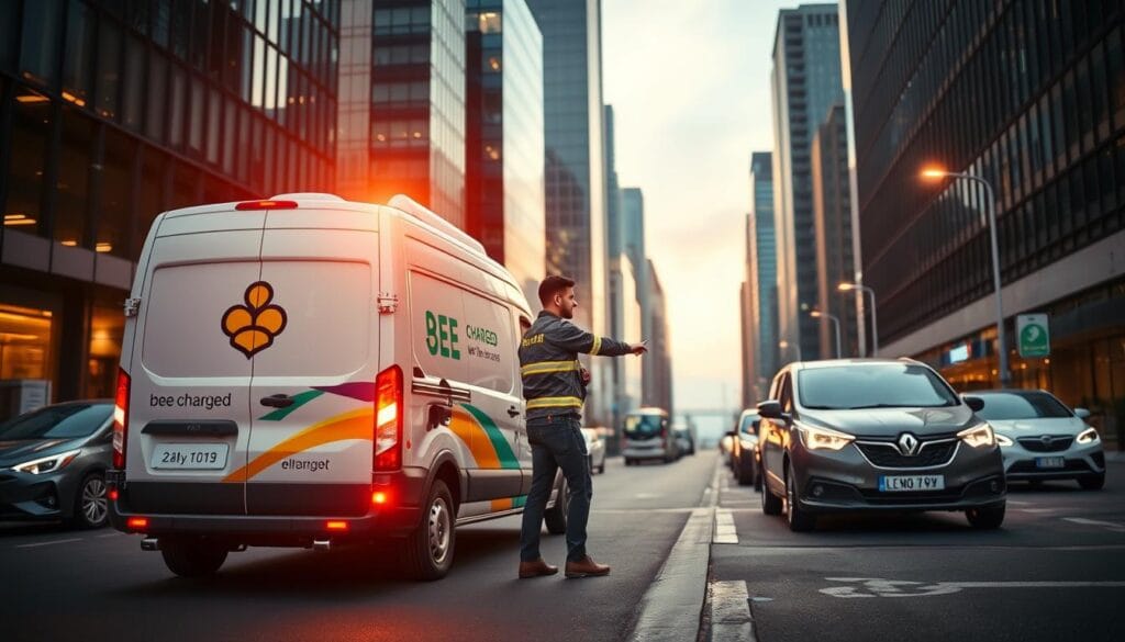 A well-lit, immersive scene of a BEE CHARGED EV MOBILE CHARGING roadside assistance vehicle providing 24/7 on-demand electric vehicle charging support services. The foreground showcases the branded van with its distinctive logo and vibrant colors, surrounded by a modern urban setting with sleek high-rise buildings and electric vehicles in the background. The middle ground features a fully-equipped technician offering a helping hand to a driver, conveying a sense of reliable and efficient EV charging solutions. The scene is bathed in a warm, inviting glow, creating an atmosphere of trust, professionalism, and a commitment to keeping electric vehicles powered and on the road at all times.