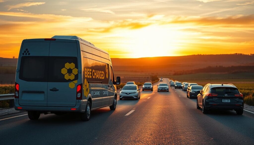 A wide and well-lit highway at dusk, with a sleek, futuristic-looking "BEE CHARGED EV MOBILE CHARGING" van prominently displayed in the foreground. The van's side panels feature a vibrant bee logo, conveying a sense of eco-friendly and reliable mobile charging. In the middle ground, a group of EVs of various makes and models are parked, their owners eagerly awaiting the arrival of the BEE CHARGED van. The background showcases a serene, countryside landscape, with rolling hills and a vibrant, golden-hued sky, radiating a sense of tranquility and possibility. The lighting is warm and inviting, creating a welcoming atmosphere that captures the essence of "eliminating range anxiety" for EV drivers.