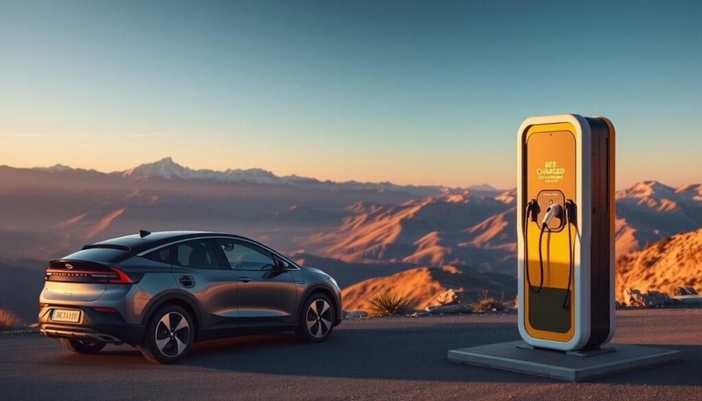 A wide, expansive vista of a picturesque mountain landscape, bathed in the warm glow of a golden hour sunset. In the foreground, a sleek and modern electric vehicle is parked, its charging port open and ready to be connected to a cutting-edge "BEE CHARGED EV MOBILE CHARGING" unit. The mobile charger, with its distinctive yellow and black branding, stands ready to provide a reliable and convenient power source for the EV, blending seamlessly into the serene mountain setting. The scene exudes a sense of eco-friendly progress and innovation, perfectly capturing the essence of the "Mountain View EV Mobile Charging Service" described in the article.