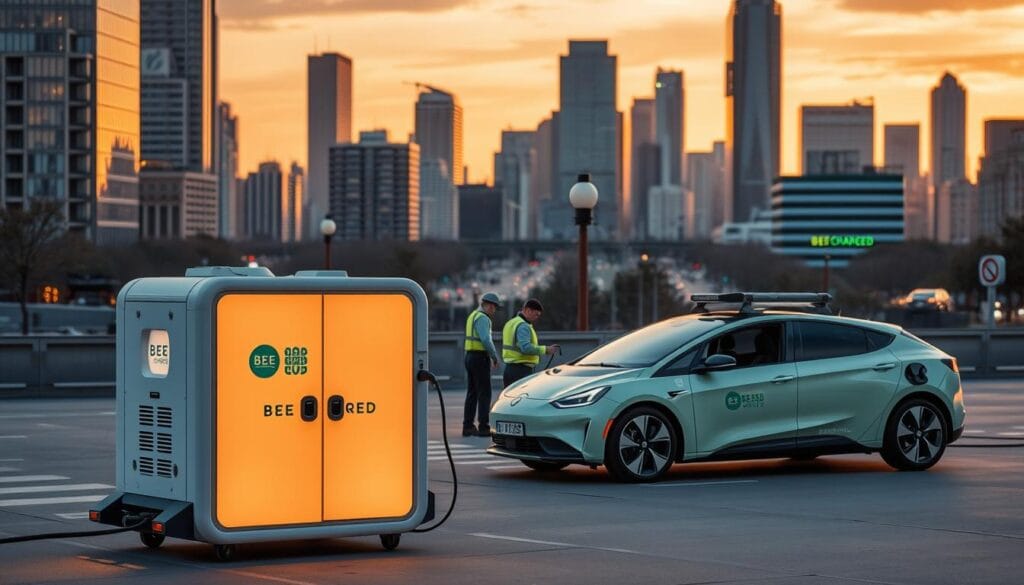 An electric fleet of roadside assistance vehicles, sleek and futuristic, stands ready to aid stranded EV drivers. In the foreground, a BEE CHARGED EV MOBILE CHARGING unit, its bold branding and illuminated panels, casts a warm glow over the scene. The middle ground features a team of technicians, clad in high-visibility uniforms, expertly tending to a disabled electric vehicle, their tools and equipment meticulously organized. In the background, a cityscape of towering skyscrapers and bustling streets sets the urban backdrop, lit by the golden hues of dusk. The overall atmosphere is one of efficiency, reliability, and a sense of cutting-edge technology coming to the aid of eco-conscious drivers.