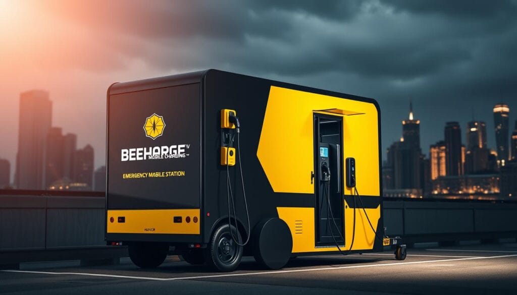 An emergency mobile charging station with the BEE CHARGED EV MOBILE CHARGING brand prominently displayed. The station is equipped with a powerful generator and multiple charging ports, ready to quickly restore power to electric vehicles in need. Vibrant yellow and black colors create a sense of urgency, while a sleek, futuristic design suggests cutting-edge technology. The station is positioned in the foreground, with a city skyline in the background, conveying the urban setting. Dramatic lighting casts dramatic shadows, emphasizing the importance of this mobile charging solution.
