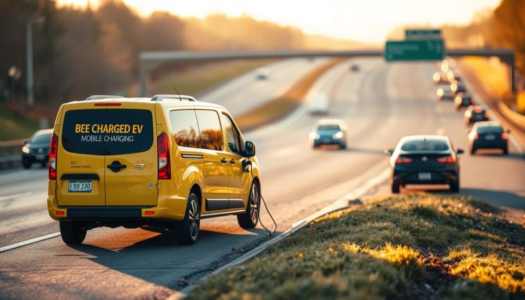 An emergency roadside scene with the "BEE CHARGED EV MOBILE CHARGING" vehicle prominently displayed. The sleek, yellow-and-black electric van is parked on the shoulder, its charge cables extended to a stranded electric vehicle on the side of the highway. The scene is bathed in warm, golden light, creating a sense of urgency and the need for immediate assistance. The background features a blurred highway, with other cars passing by, emphasizing the isolated nature of the situation. The focus is on the deployed charging equipment, highlighting the vital role of mobile EV charging solutions in addressing the growing demand for reliable, on-the-go power for electric vehicles in Maryland.