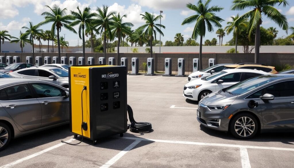 An industrial-looking parking lot filled with a variety of electric vehicles, both sedans and larger fleet models. In the foreground, a sleek, modern "BEE CHARGED EV MOBILE CHARGING" unit is prominently displayed, its bright yellow and black color scheme catching the eye. The unit features multiple charging ports, indicating its ability to service multiple vehicles simultaneously. The middle ground shows a mix of charging stations, some wall-mounted and others freestanding, all with a cohesive and high-tech aesthetic. In the background, the lot is bordered by tall palm trees, creating a sense of a sunny, tropical climate. The overall scene conveys a dynamic, efficient, and forward-thinking approach to fleet EV charging in Broward County, FL.
