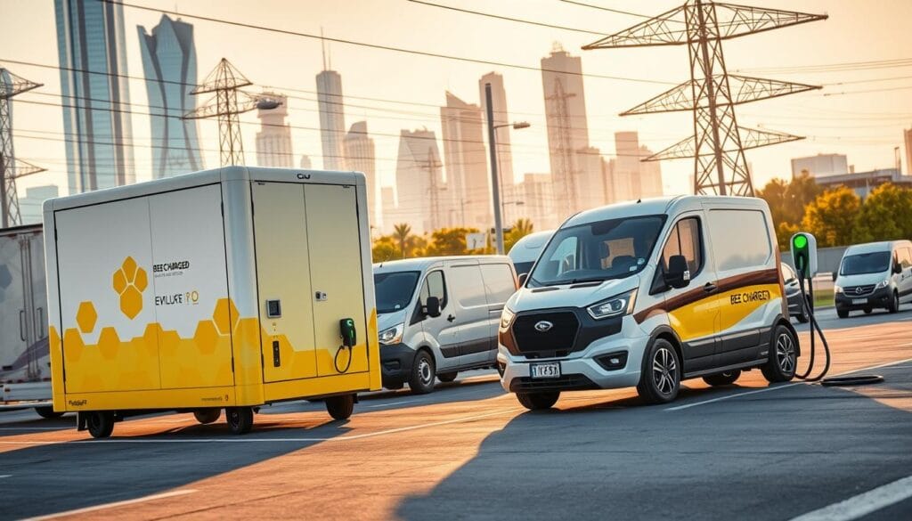 Detailed rendering of a mobile electric vehicle charging station for commercial fleets. Foreground shows a sleek, modular "BEE CHARGED EV MOBILE CHARGING" unit with multiple charging ports, ergonomic design, and vibrant bee-inspired branding. Middle ground depicts a fleet of delivery vans and work trucks being charged, drivers interacting with the intuitive interface. Background features a bustling urban landscape with skyscrapers, electric infrastructure, and a sense of sustainability. Bright, natural lighting casts warm tones, conveying the efficiency and convenience of on-site, on-demand EV charging for logistics and service fleets. Cutting-edge, future-focused visuals to captivate readers and showcase a comprehensive fleet EV charging solution.