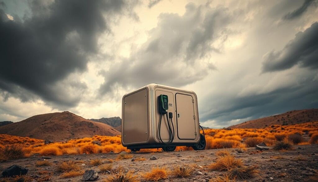Dramatic scene of a BEE CHARGED EV MOBILE CHARGING unit in the heart of Kentucky, providing emergency on-demand power to stranded electric vehicles. Vibrant orange and yellow hues bathe the rugged terrain, as the sleek, futuristic mobile charger stands ready to restore energy to anxious drivers. Imposing dark clouds loom overhead, adding a sense of urgency and environmental tension. Detailed textures of the charging unit's metallic body and weathered landscape draw the viewer in, showcasing the versatility and necessity of this innovative solution. Cinematic lighting and a low-angle perspective emphasize the unit's heroic presence, ready to save the day for Kentucky's EV owners.