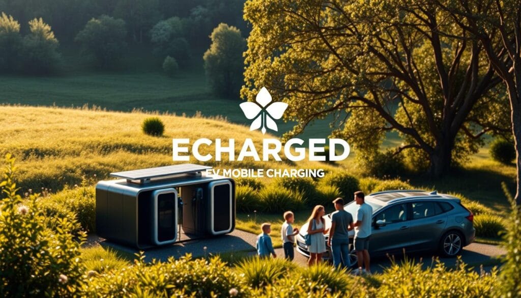 Eco-friendly mobile charging station nestled in a serene natural landscape. The "BEE CHARGED EV MOBILE CHARGING" brand logo prominently displayed, surrounded by lush greenery and a sun-dappled meadow. Sleek, modern charging pods powered by solar panels blend seamlessly with the environment. Soft, warm lighting casts a gentle glow, creating an inviting and sustainable ambiance. In the foreground, a family gathers around the charging station, their electric vehicles connected and harmoniously coexisting with the natural world. The overall scene conveys a message of eco-conscious technology in perfect harmony with the Earth.