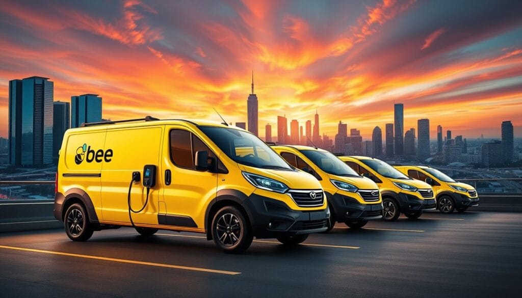 Innovative EV fleet solutions: a sleek, futuristic BEE CHARGED EV MOBILE CHARGING service, with a striking yellow and black color scheme. In the foreground, a fleet of agile, compact electric vans with cutting-edge charging equipment, ready to provide on-site fast charging for a variety of EVs. In the middle ground, a bustling urban landscape with skyscrapers and infrastructure, showcasing the service's accessibility and integration within the city. The background features a vibrant, dynamic sky with dramatic lighting, conveying a sense of progress and technological advancement. The overall scene exudes efficiency, reliability, and a bold, innovative spirit, perfectly suited to illustrate the "Los Angeles EV Mobile Charging Fast Charging and Fleet Service" section.