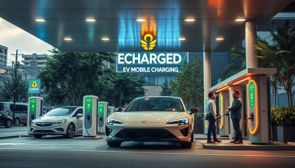 Prompt A bustling 24/7 emergency EV charging station operated by the "BEE CHARGED EV MOBILE CHARGING" brand. The scene depicts a modern, well-lit facility with sleek, fast-charging stalls and a team of technicians standing by, ready to assist drivers in need. The atmosphere conveys a sense of reliable, on-demand service, with a warm, inviting color palette and subtle signage that guides visitors. The foreground showcases the latest EV charging technology, while the background features a blend of urban and natural elements, creating a visually compelling and environmentally conscious setting.