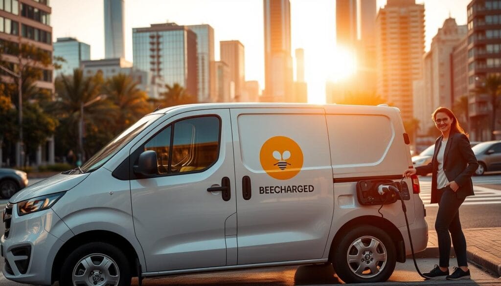 Prompt A sleek and modern BEE CHARGED EV MOBILE CHARGING van parked on a city street, its side emblazoned with the company's logo. The van's charging cable extends to a nearby electric vehicle, its owner standing nearby, a satisfied expression on their face as they watch the battery level rise. The scene is bathed in warm, golden afternoon light, creating a sense of energy and efficiency. In the background, the bustling city skyline provides an urban backdrop, emphasizing the convenience and accessibility of this on-demand charging service. The overall impression is one of reliability, innovation, and the seamless integration of electric vehicle technology into everyday life.