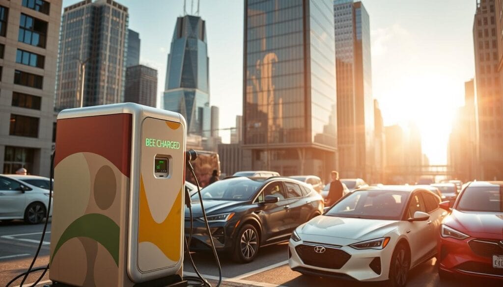Rapid deployment mobile EV charging station in a bustling urban setting. Sleek and modern BEE CHARGED EV MOBILE CHARGING unit in the foreground, its vibrant colors and dynamic design catching the eye. Sunlight filters through the cityscape, casting warm hues and long shadows. In the middle ground, electric vehicles of various makes and models are seamlessly integrated, their owners confidently charging up. The background reveals the vibrant energy of the city, skyscrapers and infrastructure creating a sense of progress and innovation. The scene conveys the convenience, accessibility, and seamless integration of mobile EV charging, enticing readers to explore the benefits of this transformative technology.