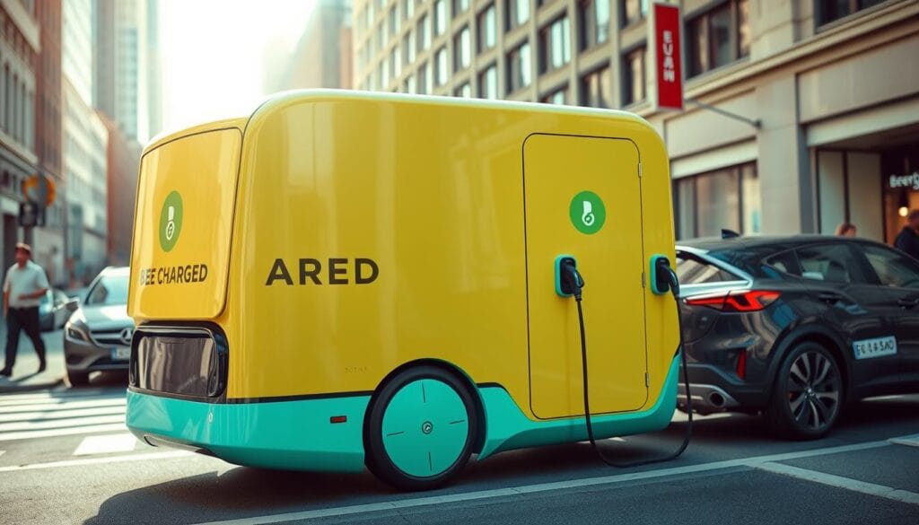 Sleek, futuristic mobile electric vehicle charging station parked on a city street, with a modern, minimalist design in vibrant colors. The "BEE CHARGED EV MOBILE CHARGING" branding prominently displayed, conveying a sense of efficiency and innovation. The station features multiple charging ports, allowing several EVs to be charged simultaneously. Bright, natural lighting illuminates the scene, creating a welcoming and inviting atmosphere. Pedestrians and other vehicles in the background, highlighting the integration of the charging station into the urban landscape. The image captures the ease and convenience of on-the-go EV charging, inspiring a sense of excitement and curiosity about this cutting-edge technology.