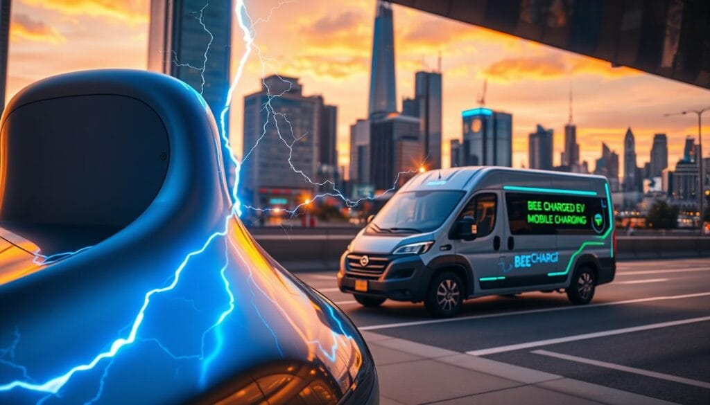 Vibrant electric blue lightning zapping across a sleek, futuristic EV charging station. Metallic curves and glowing panels in the foreground, as a BEE CHARGED EV MOBILE CHARGING van pulls up in the middle ground. Towering skyscrapers and a vibrant urban skyline in the background, bathed in warm sunset hues. Crisp, high-resolution image captured with a wide-angle lens, showcasing the speed and power of modern mobile EV charging solutions.