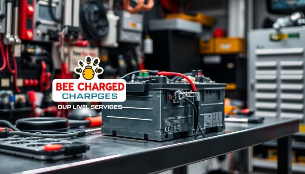 high voltage battery being rebuilt on a sturdy metal workbench, with a variety of specialized tools and equipment surrounding it. The lighting is bright and focused, highlighting the intricate details of the battery components. The background is blurred, creating a sense of depth and drawing the viewer's attention to the battery rebuild process. A BEE CHARGED EV MOBILE CHARGING logo is prominently displayed, showcasing the company's expertise in electric vehicle battery services. The overall atmosphere is one of precision, professionalism, and technical excellence, reflecting the specialized nature of the "Our Specialized EV Battery Services" offering.