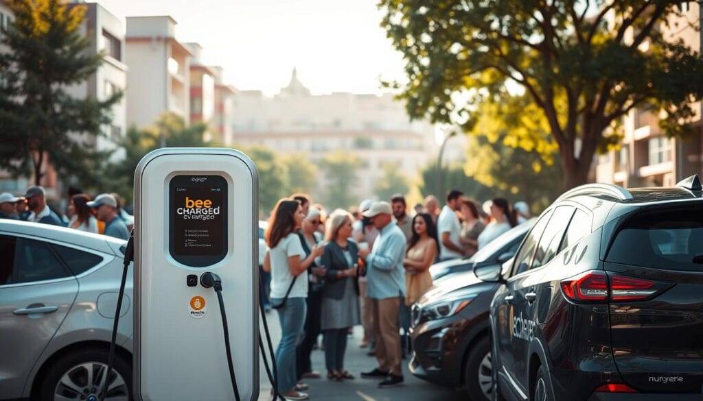 A bustling community scene, a BEE CHARGED EV MOBILE CHARGING station prominently displayed in the foreground. The sleek, modern design of the charging unit stands out, its vibrant branding catching the eye. Around it, people of all ages gather, their electric vehicles plugged in, as they chat, sip coffee, and bask in the warm afternoon sunlight. In the middle ground, a diverse array of people mingle, highlighting the inclusive nature of this community hub. The background features a vibrant urban landscape, buildings and trees framing the scene, conveying a sense of connectedness and sustainability. The lighting is soft and natural, casting a welcoming glow over the entire composition.